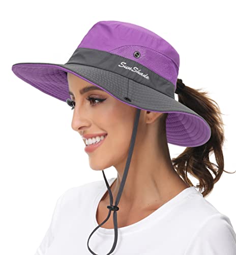 Image of Sun Hat for Women Summer UV Protection Beach Hat Wide Brim Mesh Bucket Fishing Hat with Ponytail Hole Foldable Packable Hat