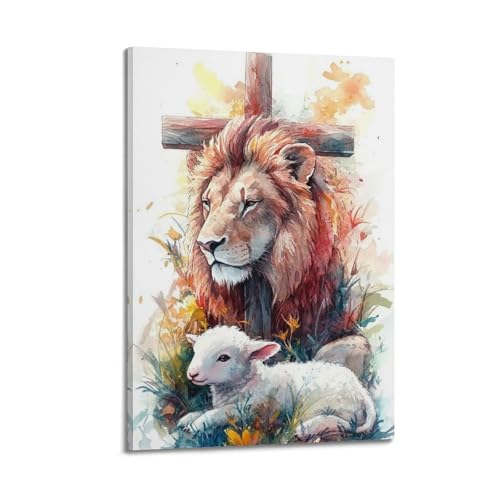 Impression aquarelle sur toile lion et agneau pour créer un cocon doux dans une chambre d'enfant