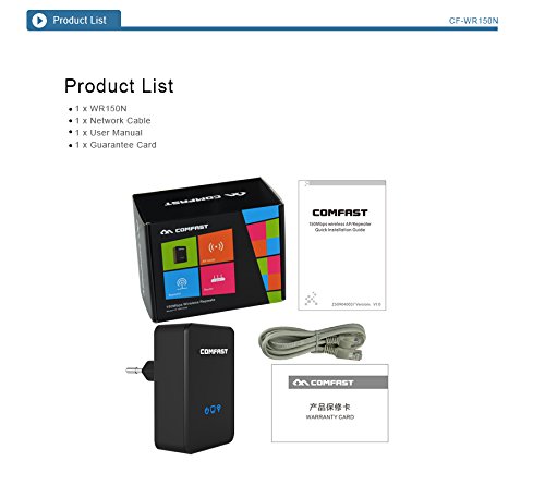 Comfast CF-WR150N package contents including repeater, cable, manual, and guarantee card