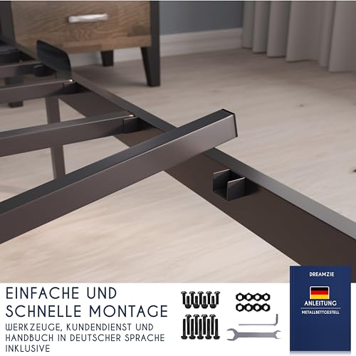 Dreamzie Bett 90x200 mit Lattenrost Metall 41cm Bettgestell 90 x 200 Robust, Leichte Montage, Umfangreicher Stauraum