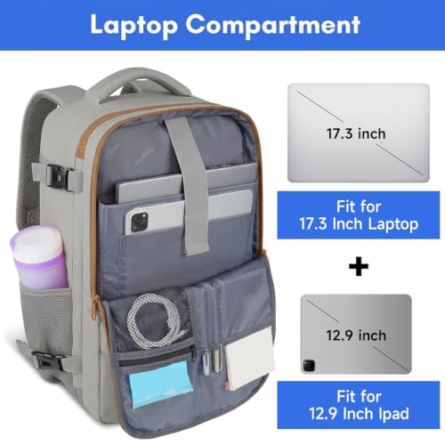 Image of Taygeer Carry On Backpack for Men Women, Laptop Bag 17.3 inch Flight Approved | Travel Backpack with Water Bottle Pocket & Shoe Pouch, College Teacher Tote Bag for Business Travel, Dark Brown Khaki