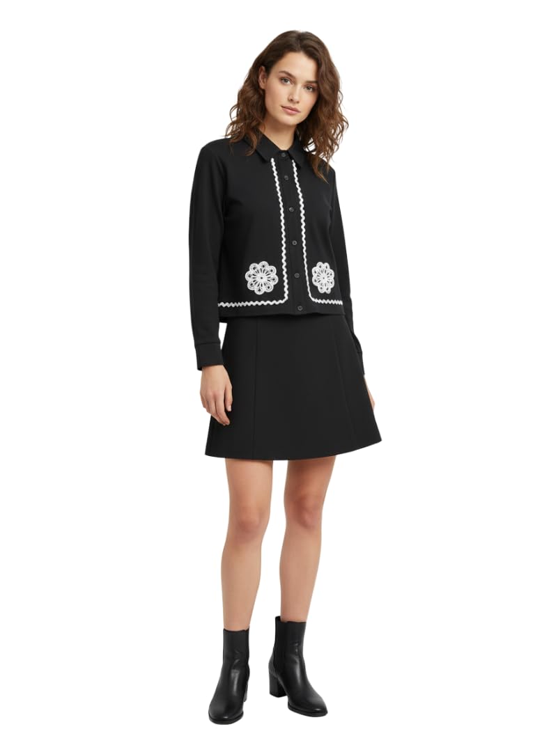 Women's Black Cardigan with White Floral Embroidery, Button Front, Long Sleeve-image-21
