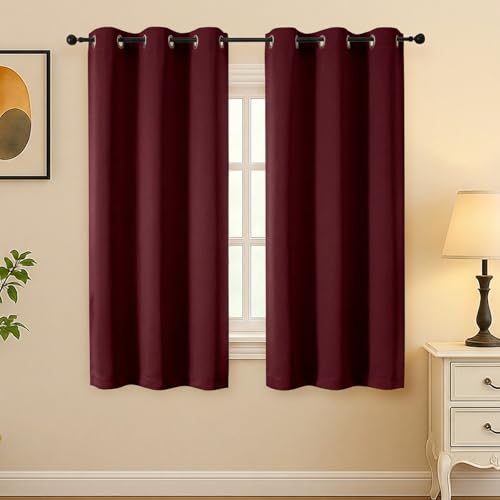 Image of Simplebrand Burgundy Room Darkening Curtains for Bedroom 63 Inch Length 2 Panels Set, Thermal Insulated Energy Saving Curtains for Kids Room, Grommet Solid Nursery Window Treatment Drapes, W40 x L63