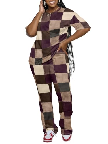ZCC 2 Piece Sets For Women Plaid Lounge Set Short Sleeve Top And Pants Casual Summer Outfit