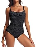 Hanna Nikole Traje de baño de una pieza con textura jacquard para mujer, cuello cuadrado, control de abdomen, elegante tirantes ajustables para los hombros, traje de baño con borde ondulado, Negro, XL