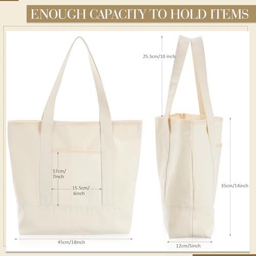 Reginary 16 Pcs Canvas Tote Bags Bulk with Outer Pocket 18 Inch Reusable Shopping Grocery Blank Tote Bag for Women Mother DIY (White)