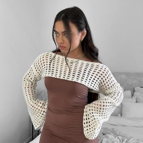 Image of Womens Crochet Crop Tops Y2k Knit Shrug Sweater Hollow Out Long Sleeve Bikini See Through Cover Ups