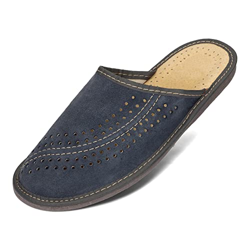 BAWAL Zapatillas de Estar por casa Zapatillas de Cuero para Hombres, Piel Genuina con Lana Ligero cómodo Elegante Marron 40,41,42,43,44,45,46 (Azul Oscuro, Numeric_43)