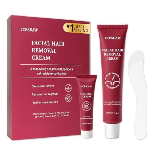 Facial Hair Removal Cream for Women + Soothing Cream – Gently and Painlessly Removes Peach Fuzz & Coarse Hair in 4 Minutes, Up to 7 Days Smooth Skin, Sensitive-Skin Safe,2.04 FL oz(Box of 1)