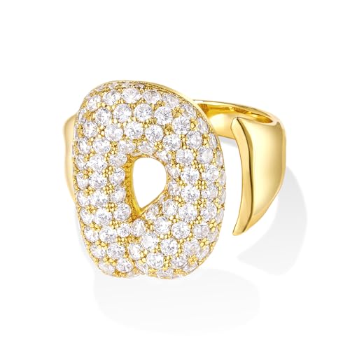 KissYan Bubble Initial Ring for Women, 14k Gold Plate Balloon Jumbo Letter Rings Open Adjustable Dainty Pave CZ Personalized Fashion Trendy Statement Jewelry Gift (Gold D)