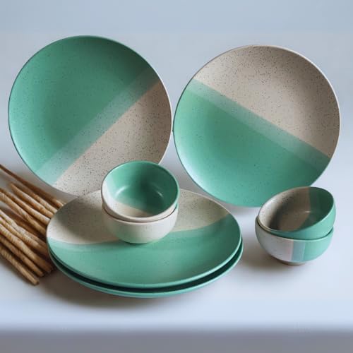 Image of Freakway Ceramic Dinner Set, 4-Piece Mint Green & Beige Speckled | Dual Tone, 4 Plates & 4 Bowls, Elegant Serving Set