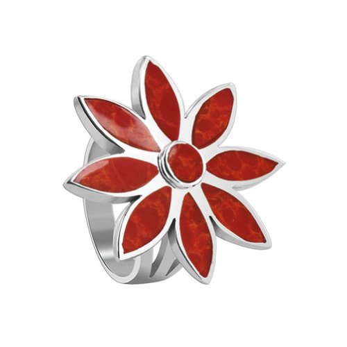 Floral Design Red Coral Gemstone 925 Sterling Silver Ring Size 6.5