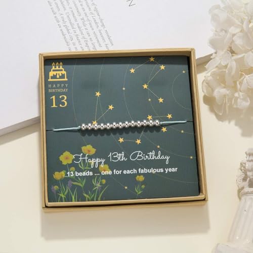 Happy 13 Year Old Gifts for Girls - Sterling Silver Bead Bracelet for 13th Birthday Gift, Adjustable Jewelry 7" - 9" Cord
