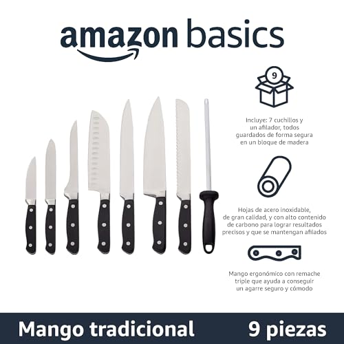 Descripción gráfica del juego de cuchillos Amazon Basics que incluye 7 cuchillos y un afilador en un bloque de madera.