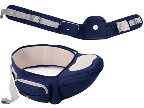 Hüftsitz Baby EXTRA 50mm weiche Polsterung 2x Taschen Hüfttrage 65-120cm VORTEILE 4 Positionen seitentrage (S M L XL) ergonomisch Taillen Hocker (Dunkel blau)
