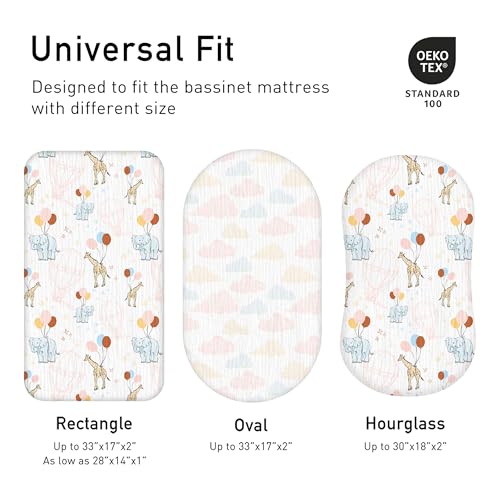 Image of Muslin Bassinet Fitted Sheets 2 Pack, Soft Breathable Cotton Baby Bassinet Mattress Sheet Set, 360 Elastic Snug Fit, Universal for Oval, Rectangle (Cute Animals, Bassinet Sheets 2 Pack)