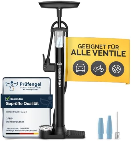 DANSI Stand-Fahrradpumpe alle Ventile AV, SV, DV - Fahrrad Luftpumpe Inklusive Großem Manometer, Adaptern & Behälter | Pumpe für Motorrad, E Bike, Auto & Sportartikel