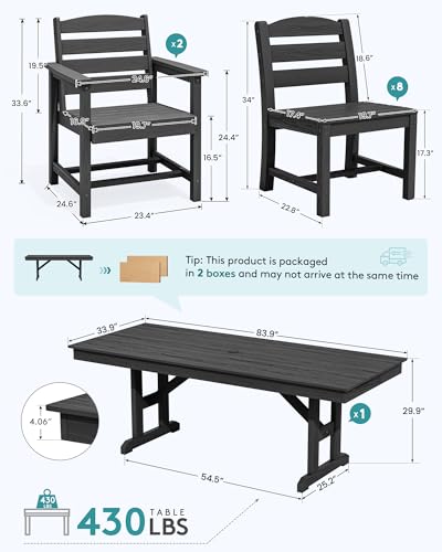 Image of SERWALL 10 Piece 84 inch HDPE Outdoor Dining Set for 8 with 6 Armless Chair, 2 Armchairs and Umbrella, Black