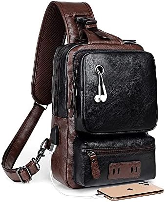 SDIYABOLO Small Black Sling Crossbody Backpack Shoulder Bag for Men Women Vintage PU Leather CrossBody One Strap Casual Sling Backpack Cycling USB Charger Larger Size