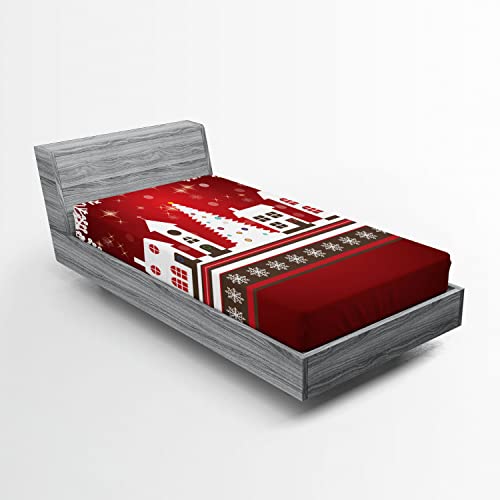 Ambesonne Christmas 2 Pack Fitted Sheet, Winter Theme Tree, Bed Cover All-Round Elastic Deep Pockets 2 Pieces, Package Contains 2 Twin XL Size Fitted Sheets, White Red