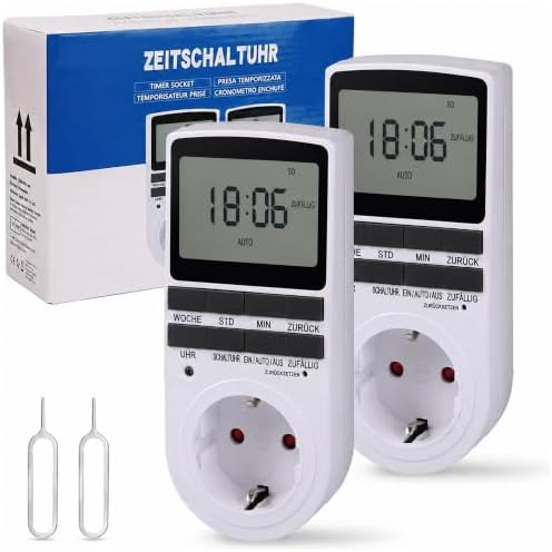 Deutsche Version Digitale Zeitschaltuhr Steckdose 2er-Pack, deutsches System und Tasten, 10 programmierbare Programme, 12/24-Stunden-Modus, für Innenräume, 230V/16A/3680W