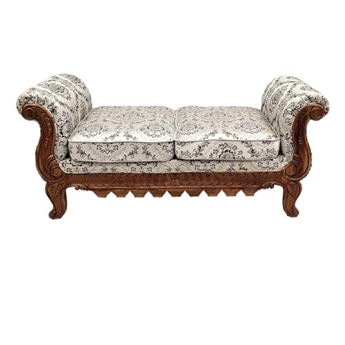 Image of Victorian Style Chaise Lounge, Tufted Cream Upholstery, Mahogany Wood Frame, Classic Living Room Furniture (diwan 2 Seater)