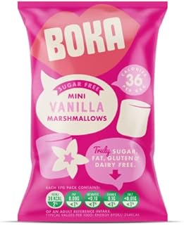 Boka Food Sugar Free Mini Marshmallows 50 x 17g Bags - Delicious Vanilla Marshmallows, 36 Calories per Bag, Mini Marshmallows - Great for Hot Chocolate, Baking or School Snack
