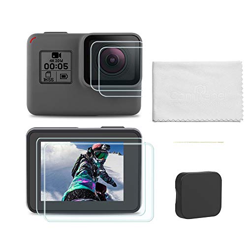 Housse de protection d'écran LCD en verre trempé et capuchon pour objectif pour caméra GoPro Hero 5 GoPro Hero 6 anti-rayures avec chiffon micro fibre doux Lot de 2 Cover