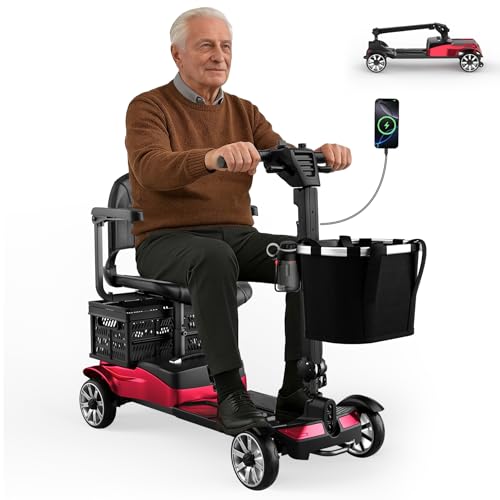 Image of 4 Wheels Mobility Scooters for Seniors, Foldable Mobility Electric Scooter, 350LBS Capacity& 15 Miles Range&350W Powerful Moto&Rotating Seat&LED Light& Double Baskets&Auto Brake-Red