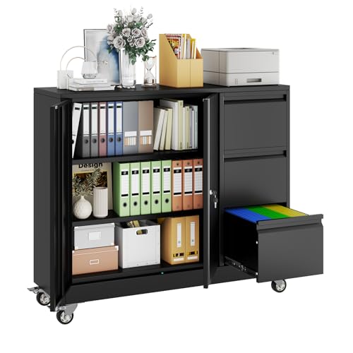 pozdeg 3 Drawer Lateral File Cabinet with Wheels, Metal Rolling Lockable Filing Cabinets with Lock, Mobile Multi-Functional Office Storage Cabinet for Office, Home, Garage, School, Gym (Black)