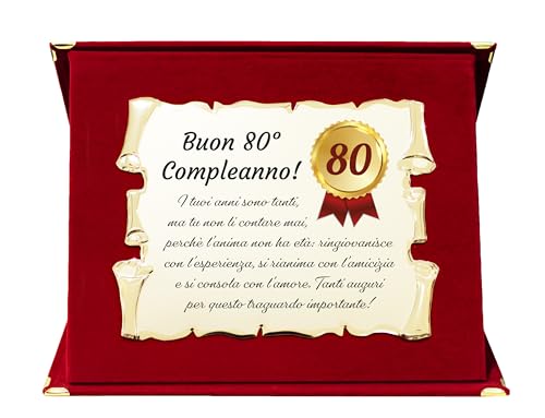 Targa 80° Compleanno | Elegante Regalo Ottantesimo Compleanno | Cofanetto con Pergamena per Ottantenne | Biglietto Auguri | Birthday Plate (rosso, 80 Anni)