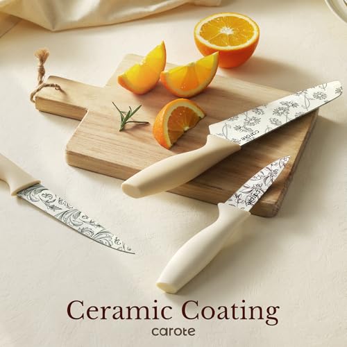 CAROTE 12PCS Knife Set, Kitchen Knife Set with 6 Blade Guards, Stainless Steel Knives Set With Nonstick Ceramic Coating, Rustproof, Delicate Floral Designs, White - Image 6