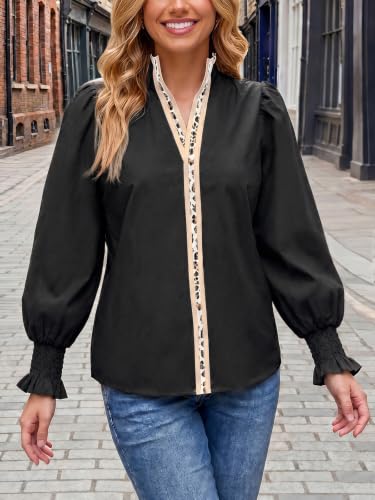 Tankaneo Womens Puff Long Sleeve Blouses Dressy Casual Smocked V Neck Tops — view 4