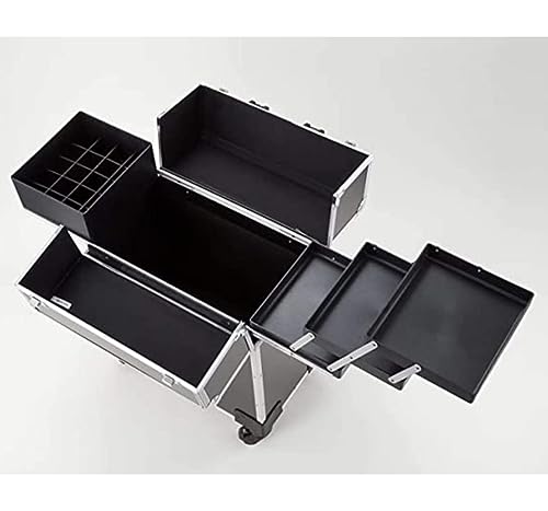 Image of Adson Multifunctional Professional Beauty Makeup Artist Rolling Cosmetic Aluminium Vanity Trolley Beauty Train case Makeup Cosmetic Trolley Hairstylist Travel Organizer (Carbon channal Diamond Black)