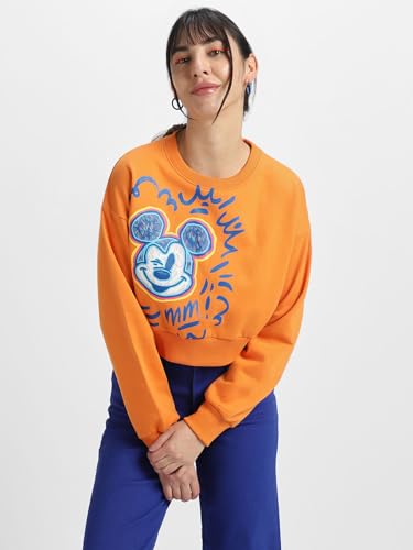 Image of JUNEBERRY Cotton Poly Fleece Official Disney Merchandise Regular Fit Orange & Green Mickey Mouse See Ya Real Soon Graphic Print Full Sleeve Sweatshirt for Women