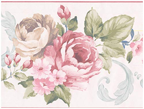 Prepasted Wallpaper Border - Vintage Rouge Pink Beige Roses White Wall Border Retro