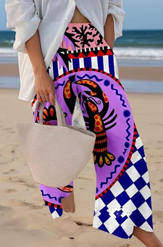 Womens Sardine Beach Pants Boho Funny Fish Graphic Printed Wide Leg Casual Flowy Vacation Trousers with Pockets2