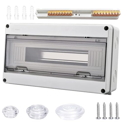 Sumeber Boîte à fusibles en saillie IP65 avec bornes en laiton, sous-distribution en saillie, 1 rangée pour 5 à 24 modules, pour l'extérieur, les jardins, les fermes, les colonnes de charge (18 voies)