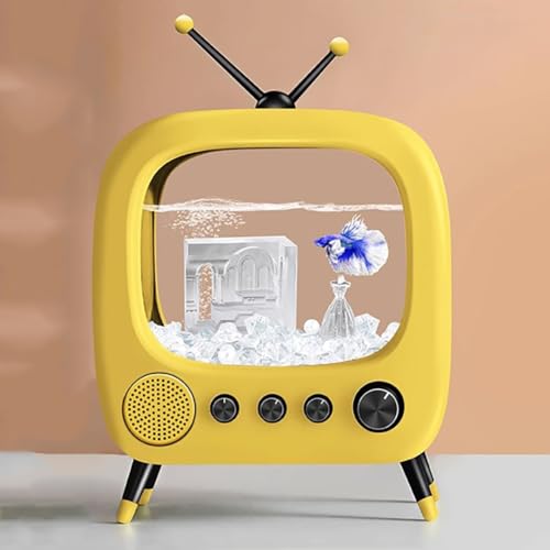 PA-DABAOO ミニ水槽、リアルなテレビスタイル、小型ベタ水槽スターターキット、ライト付き卓上ディスプレイ用卓上金魚鉢、猫のうつ病対策に,Yellow c