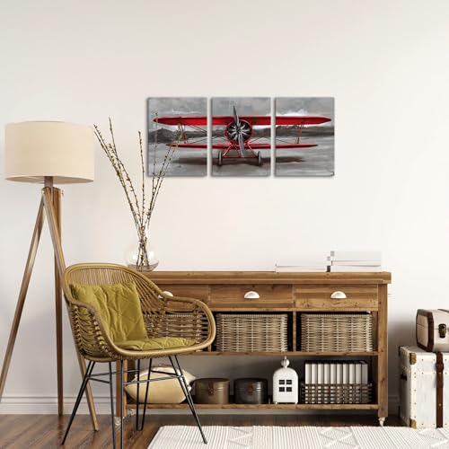 Skenoart 3 Piece Vintage Airplane Canvas Wall Art Red Jet Paintings Aircraft Pictures Red And Gray Aviation Posters Print For Living Room Bedroom Bathroom Wall Decor Office Home Wall Decorations 12"X16"X3Pcs thumb #3