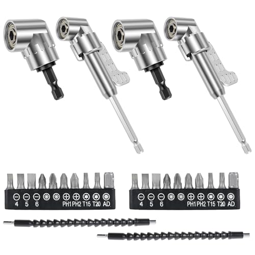 8 Pack 105 Degree Right Angle Drill Adapter Set, Impact Drive and Magnetic Screwdriver Socket Drill Bit Corner Tool Screw Hub (Short+ Long) and Flexible Angle Extension Bit for Narrow Spaces