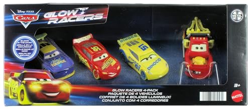 Disney Cars Glow Racers Paquete de 4 Rayo McQueen, Mater, Cruz Ramírez y Vinyl Toupee #76 Will Rusch