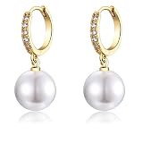 EPIRORA Sterling Silver Simulated Shell Pearl Hoop Earrings Cubic Zirconia Dangle Drop Earrings Jewe