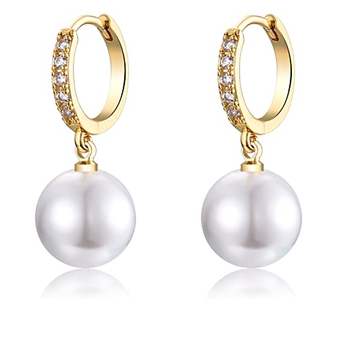 Epirora Sterling Silver Simulated Shell Pearl Hoop Earrings Cubic Zirconia Dangle Drop Earrings Jewelry For Women Girls 10Mm, Gold (Round) #TOP23