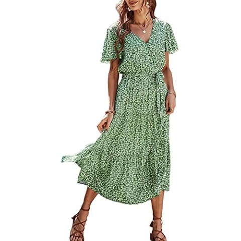 WISFRUIT Womens Casual Floral Summer Maxi Dress Wrap V Neck Short Flutter Sleeve A Line Boho Flowy Belted Dresses (A-Green, L) Cover