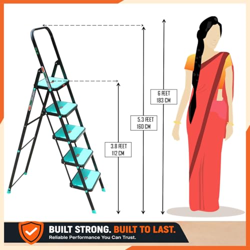 Image of Prime Hulk 5 Step Heavy Duty Steel Step Ladder for Home | Extra Wide Anti-Skid Steps | Strong Stable No-Wobble Design | Powder Coated | Slim Foldable Space Saving Ladder with Rubber Feet