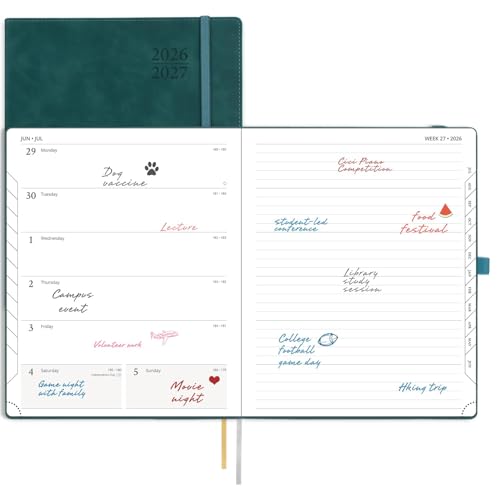 POPRUN Agenda semanal 2026-2027 (tamaño grande de 8.5 x 10.5 pulgadas), calendario académico (26 de julio al 27 de junio), libro de citas con pestañas mensuales, cubierta suave de cuero, bolsillo