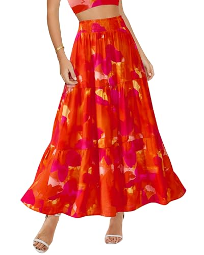 BTFBM Skirts for Women Floral Print Fall Fashion 2026 A Line Elastic High Waist Boho Holiday Maxi Skirt Pockets(Floral Red, Large)