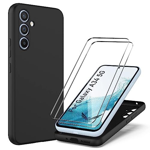 Bortony Case for Samsung Galaxy A34 5G, Case with 2 Pack Tempered Glass Screen Protector Microfiber Shockproof Soft Liquid Silicone Protective Phone Cover Compatible with Galaxy A34 5G (Black)