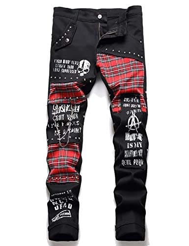 Men's Punk Rivet Plaid Patchwork Jeans
